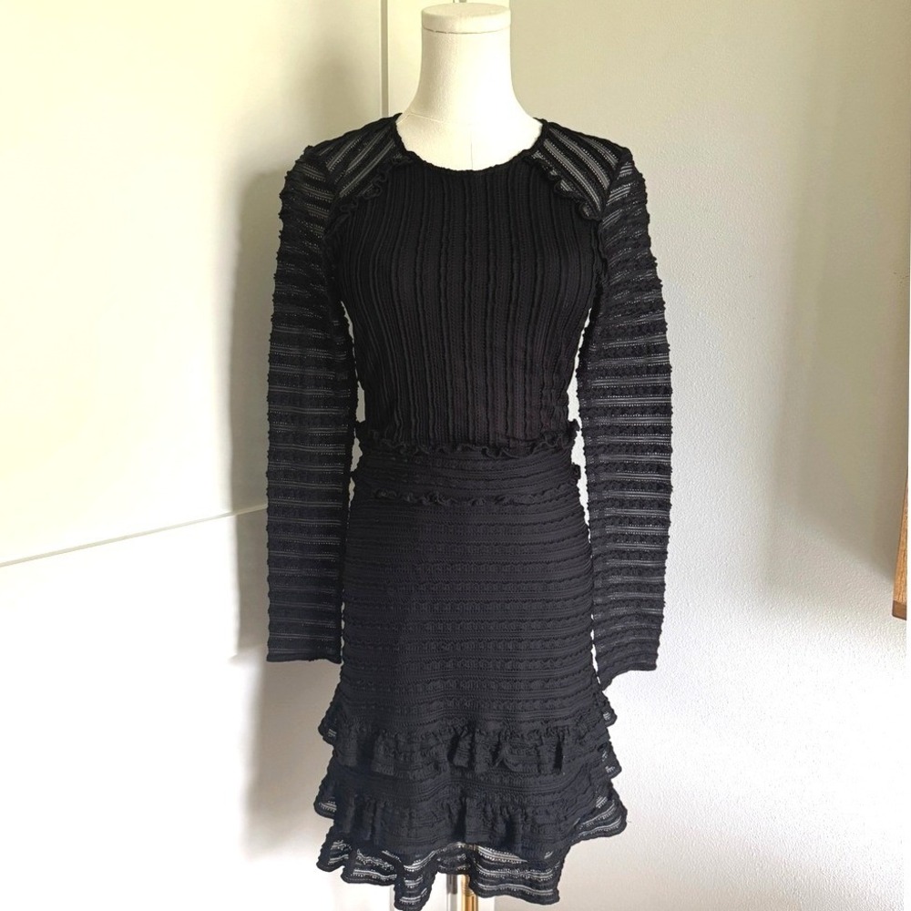 Parker Black Crochet Lace Ruffle Tiered Long Sleeve Dress Size‎ 4